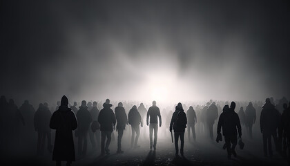 Hundreds of people walking towards a large spiritual looking light in the mist.  Generative Ai.