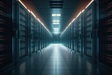 Fototapeta premium Shot of Corridor in Working Data Center Full of Rack Servers and Supercomputers with Cloud Storage