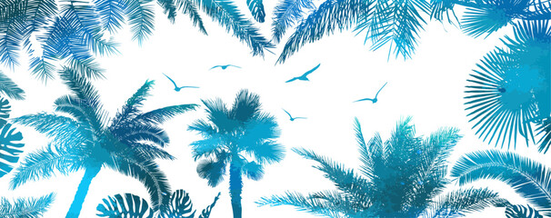 Fototapeta na wymiar Horizontal frame with graphic blue palm trees. Vector illustration