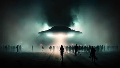 Hundreds of people walking towards a large UFO in the mist.  Generative Ai. © cfhdesign