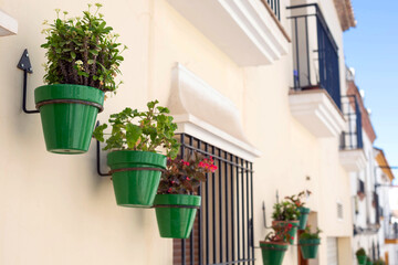 Fototapeta na wymiar Ceramic green pots with flowers hang on the wall of the house. City of Estepona, Spain.