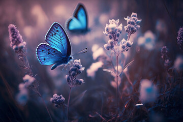 Plakat Wild light blue flowers in field and two fluttering butterfly on nature outdoors, close-up macro. Magic artistic image. Toned in blue and purple tones Generative AI
