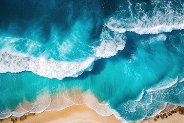 Summer beach top view of soft blue ocean wave illustration. Generative AI - obrazy, fototapety, plakaty