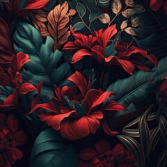 Summer composition of bright pink flowers and fresh green leaves as wallpaper or background. Red flowers, dark style, digital art.