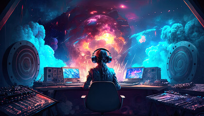 Abstract colourful futuristic DJ and music producer at their recording studio. Generative Ai.