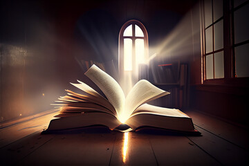 bright light coming out of an open book symbolizing knowledge and enlightenment, generative AI