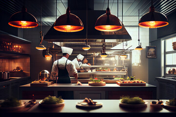 Professional modern kitchen in a restaurant, generative AI