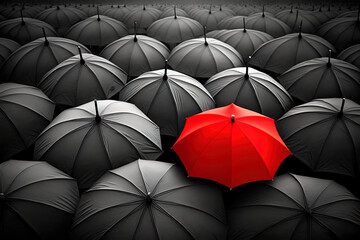 Red umbrella standing out in the crowd of black umbrellas. Generative Ai.