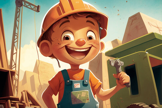 Illustration for children's book depicting an cute baby construction worker - AI generative