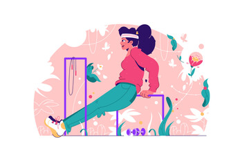 A woman exercises outdoors surrounded by nature