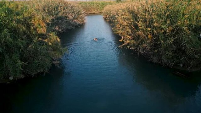 Aerial video of  a man swims in a small stream near kibbutz sde eliyahu in Israel