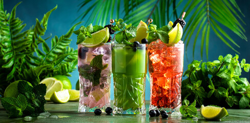 Summer refreshing alcoholic cocktails with gin, tequila, vodka, lime, mint and ice. Tropical style...