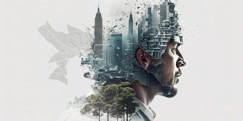 Double exposure profile portrait of man with city landscape. White background. Generative AI Illustration
