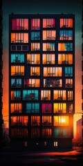 Fototapeta premium Vibrant color in windows of building apartment. Vertical Generative AI Illustration