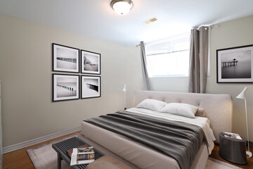 Luxurious Bright Bedroom With Comfortable King Size Bed and Modern Furniture. Template For Expensive Bedroom. Concept For Interior, Architecture and Lifestyle. 3D illustration. Florida, USA - 2023