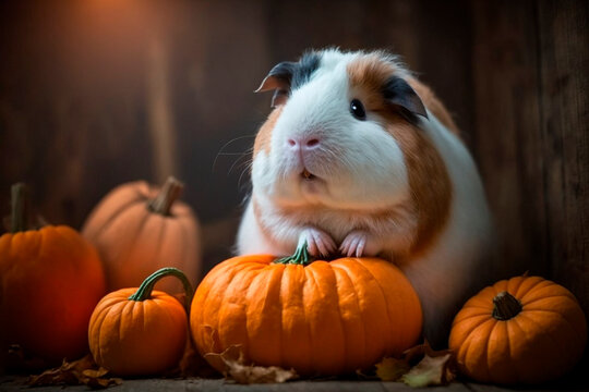 Funny guinea pig sits between pumpkins