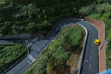 Asphalt road and cars in a green field with trees, top view. Travel by car, concept.