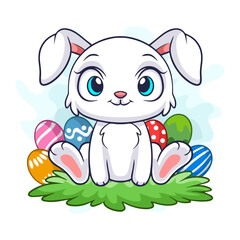 Cute little bunny cartoon surrounded by easter eggs