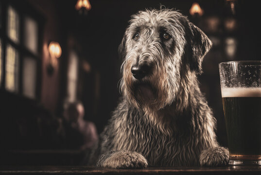 Irish wolfhound dog with sad eyes drinking a beer at a tavern. Generative AI
