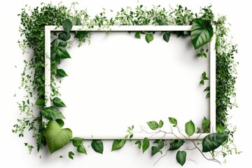 Copyspace frame surrounded by green climbing plants on white background, concept of Floral and Minimalistic Design, created with Generative AI technology