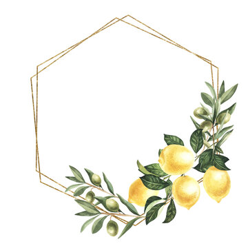 Watercolor golden hexagon frame of olive branches and lemon isolated on white background. Floral illustration for cooking magazines, kitchen decor, greetings, wallpapers, fashion and invitations