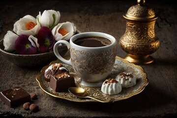 Obraz na płótnie Canvas Turkish coffee served in a vintage porcelain mug. presentation of coffee with Turkish sweets. Turkish Coffee with Champagne. Generative AI