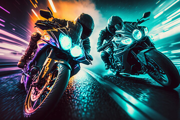 Racing cyberpunk motorcycles down a road with neon lights. Generative AI