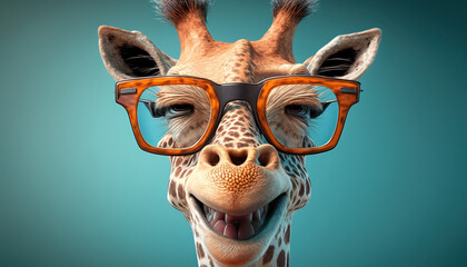 Funny giraffe with eyeglasses on colorful background - Generative AI illustration