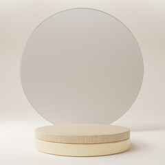 Wooden podium in cream room with gentle light, minimalist podium for displays - 3D Illustration