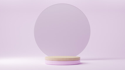 Wooden podium in a pink room with gentle light, minimalistic display podium - 3D Illustration