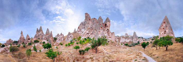 Panorama of Uchhisar Fortress and Pigeon Valley in Cappadocia, Turkey - 569671700