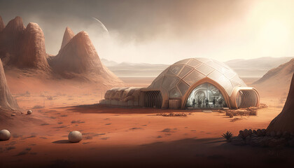 Fototapeta na wymiar Human colony on Mars, colonizayion of red planet concept. Landscape with desert and mountains Generative AI illustration
