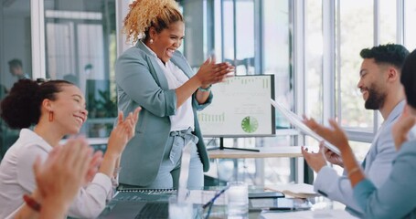 Business meeting, celebration and certificate reward for achievement with gratitude thank you. Diversity men and women appreciation applause for target, congratulations or winning promotion mockup