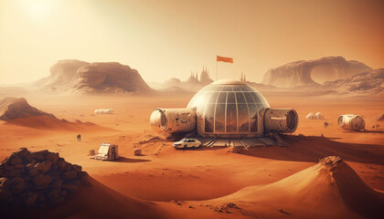 Fototapeta na wymiar Humans colony on Mars science fiction, astronauts at Mars concept, Generative AI illustration
