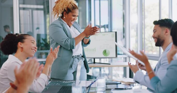 Business meeting, celebration and certificate reward for achievement with gratitude thank you. Diversity men and women appreciation applause for target, congratulations or winning promotion mockup