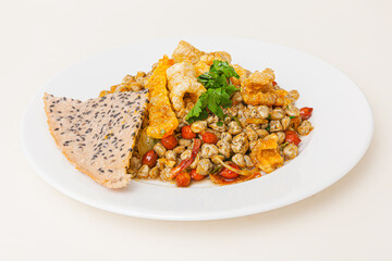 Hen xuc banh trang Hoi An, Baby basket clams with rice paper, Vietnamese food isolated on white background, close-up