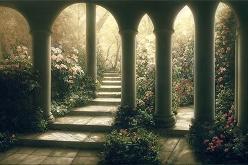 stairway garden with flowers, outdoor, exterior design illustration