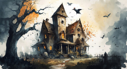 Fototapeta na wymiar Halloween spooky old house watercolor Generative AI illustration