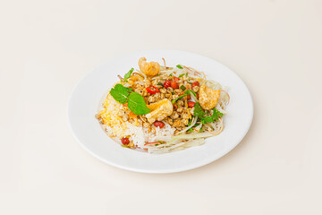 Com hen Hoi An, Vietnamese rice dish with baby basket clams rice, Vietnamese food isolated on white background; perspective view