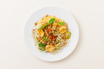 Com hen Hoi An, Vietnamese rice dish with baby basket clams rice, Vietnamese food isolated on white background; top view