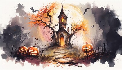 Creepy halloween castle with pumpkins at cemetery, watercolor Generative AI illustration