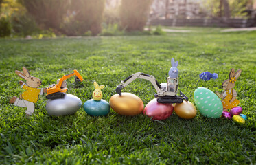 Easter spring festive composition of 2 models of toy excavators standing on painted eggs and Easter...