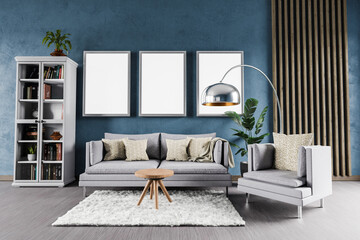 minimalistic modern elegant living room interior with single vintage sofa in front of blue wall, shelf and white carpet; copy space and empty canvas; 3D Illustration