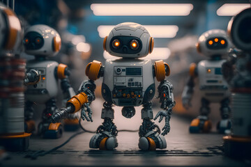 Fototapeta premium Humanoid robots on assembly lines for production in a factory. Concept of artificial intelligence for industrial revolution automation manufacturing process. Generative AI technology.