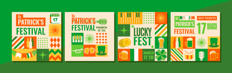 A set of 4 festival templates for St. Patrick's Day. Bright, modern, very green designs in mosaic style. Perfect for an invitation or as an advertisement for a festival or party.