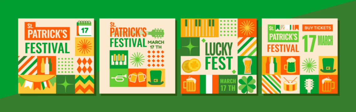 A set of 4 festival templates for St. Patrick's Day. Bright, modern, very green designs in mosaic style. Perfect for an invitation or as an advertisement for a festival or party.