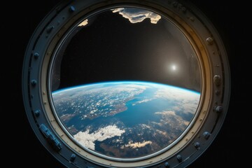 View of Earth as seen via a space station viewport. Generative AI