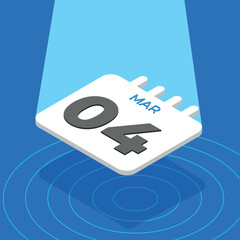 March 4 - 3D White calendar floating with spotlight on blue background