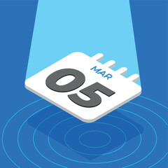 March 5 - 3D White calendar floating with spotlight on blue background