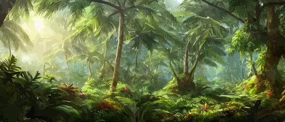Zelfklevend Fotobehang Tropical vintage botanical landscape illustration, palm tree, vegetable flower border background. Exotic green jungle © Павел Кишиков